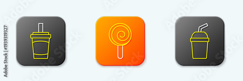 Set line Paper glass with water, Lollipop and icon. Vector