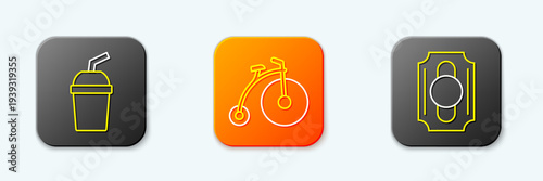 Set line Paper glass with water, Vintage bicycle and Circus ticket icon. Vector