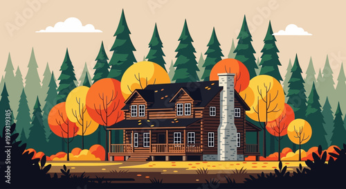 A house surrounded by colorful trees in a forest during autumn with uiolkjh reference.