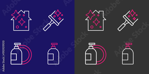 Set line Dishwashing liquid bottle, Rubber cleaner for windows and Home cleaning service icon. Vector