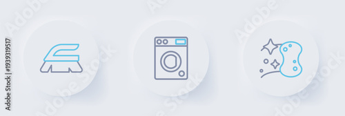 Set line Sponge, Washer and Brush for cleaning icon. Vector