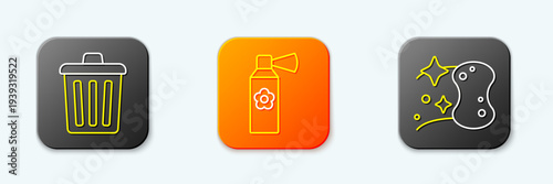 Set line Trash can, Air freshener spray bottle and Sponge icon. Vector