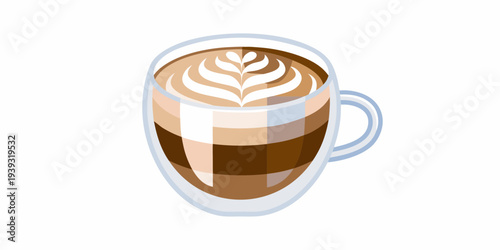 A layered latte in a clear glass cup with latte art