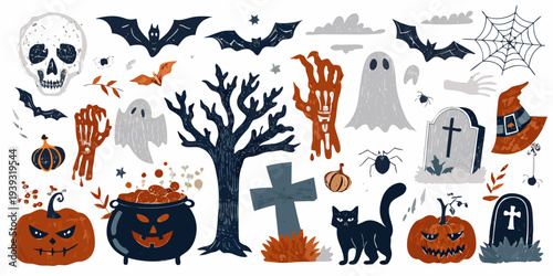 A colorful collection of halloween elements including ghosts pumpkins and bats