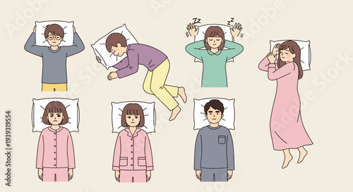 People in various sleeping positions with pillows and blankets on bed