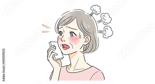 A woman experiences uiolkjh on phone in frustration at home indoors.