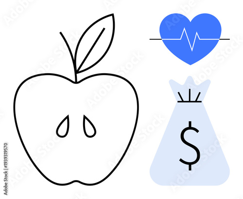 Apple outline, heartbeat icon, and money bag suggest health, wellness, and financial success. Ideal for nutrition, fitness, healthcare, financial planning wellness retreats healthy living economic