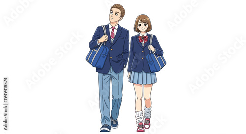 A boy and girl in school uniforms walking side by side uiolkjh.