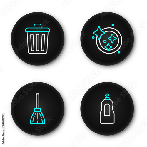 Set line Dishwashing liquid bottle, Handle broom, Washing dishes and Trash can icon. Vector