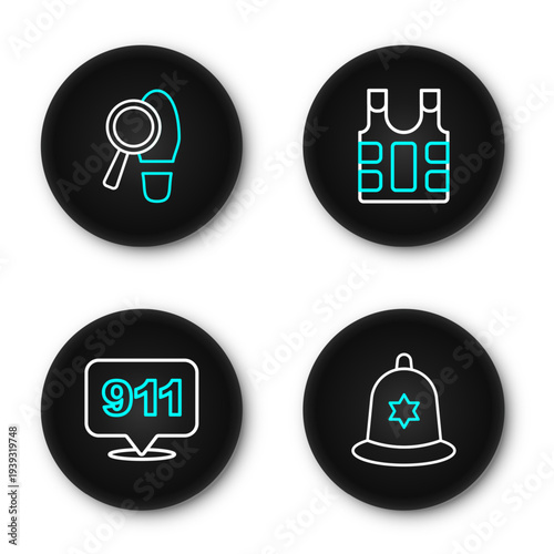 Set line British police helmet, Telephone call 911, Bulletproof vest and Footsteps icon. Vector
