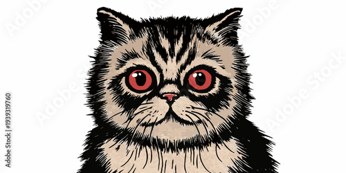 A striking illustration of a fluffy silver tabby cat with red eyes