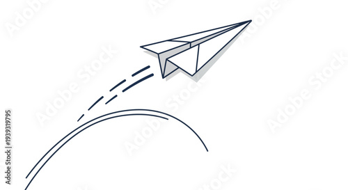 A paper airplane flies through the air with a curved trajectory and dashed lines.
