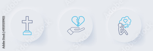 Set line Head with heart, Broken or divorce and Graves funeral sorrow icon. Vector