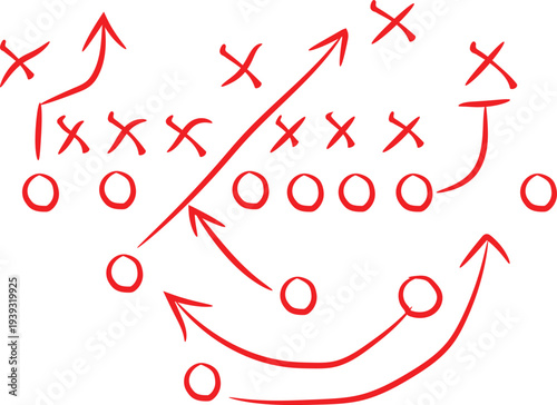 Football Xs and Os diagram illustrates a complex offensive play strategy drawn simply in red ink on a white surface.