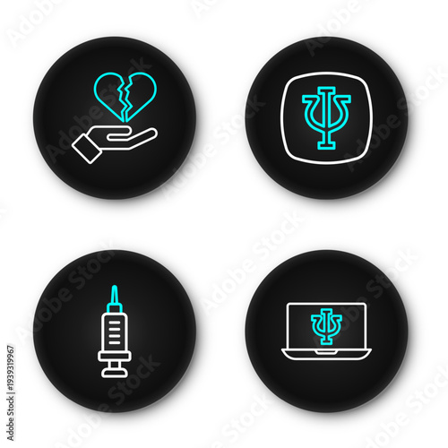 Set line Psychologist online, Addiction to the drug, Psychology, Psi and Broken heart or divorce icon. Vector