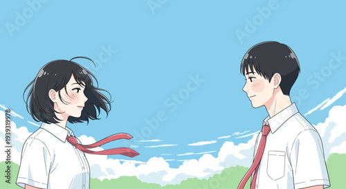 Two anime characters face each other outdoors under a blue sky.