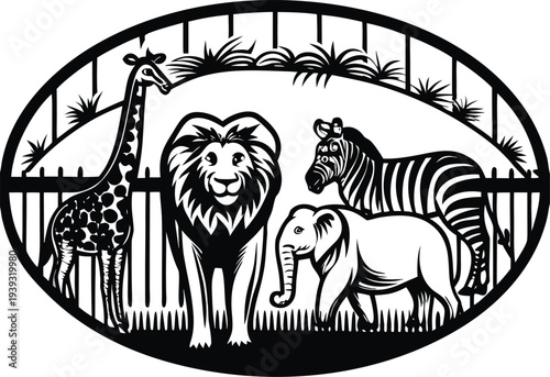 Set of 4 safari animal icons vector, black and white