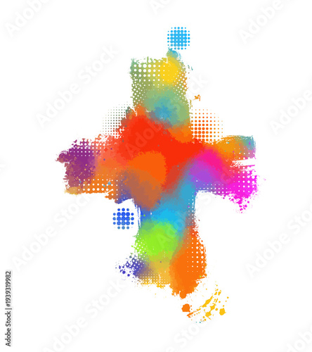 colored cross. Cross made of rainbow blots. Happy easter. Hand drawn. Not AI, vector illustration