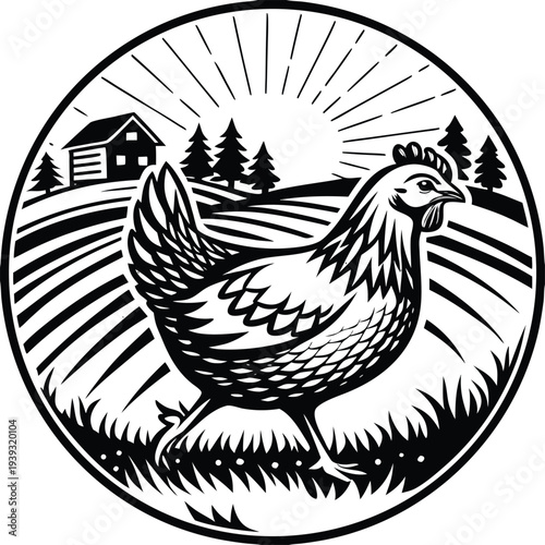 Vector illustration of a chicken in a rural landscape, black and white farm scene