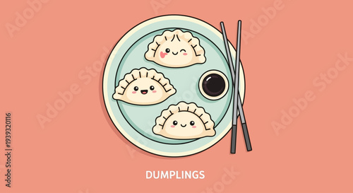 A plate of dumplings with soy sauce and chopsticks on a table