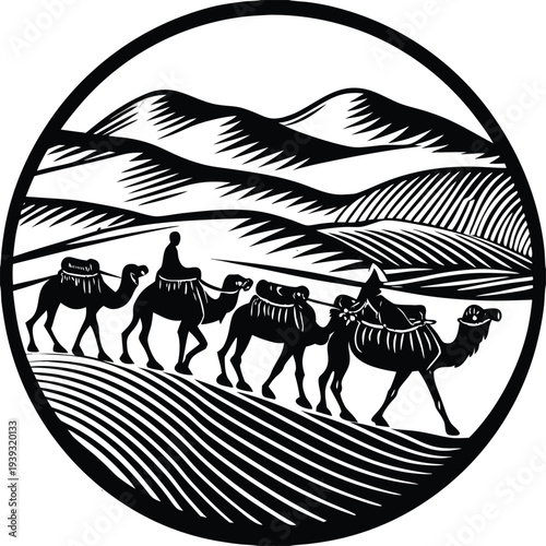 Vector illustration of 3 camels with rider in desert landscape, black and white
