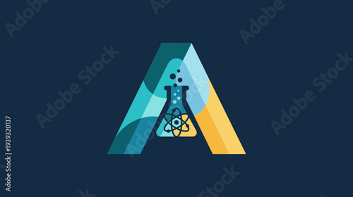 An artistic representation of the letter 'A' intertwined with laboratory beaker and atom imagery, illustrating science, innovation, and the pursuit of knowledge in modern times.