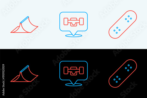 Set line Skateboard, park and wheel icon. Vector