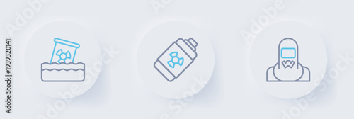 Set line Nuclear reactor worker, energy battery and Radioactive waste in barrel icon. Vector