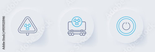 Set line Power button, Radioactive cargo train and Triangle with radiation icon. Vector