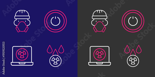 Set line Acid rain and radioactive cloud, Nuclear laptop, Power button and reactor worker icon. Vector