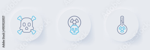 Set line Meteorology thermometer, Radioactive and Bones and skull warning icon. Vector
