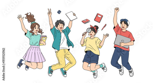 Four people jumping with technology and school items around them