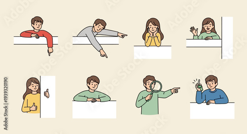 People interacting with each other in various poses at a desk workplace setting with uiolkjh reference