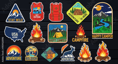 Collection of various camping and adventure stickers on display uiolkjh 130