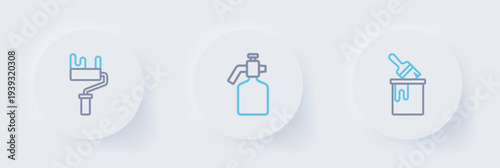 Set line Paint bucket with brush, spray gun and roller icon. Vector