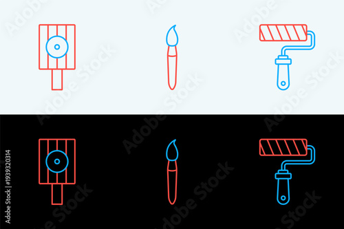 Set line Paint roller brush, Spray can nozzle cap and icon. Vector
