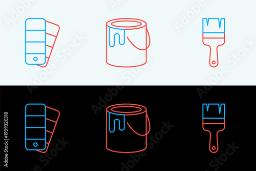 Set line Paint brush, Color palette guide and bucket icon. Vector