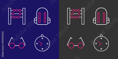 Set line Clock, Glasses, School backpack and Abacus icon. Vector