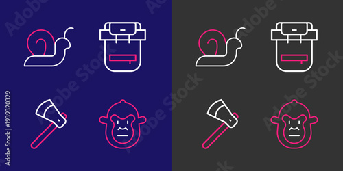 Set line Monkey, Wooden axe, Hiking backpack and Snail icon. Vector