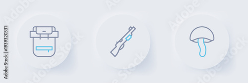 Set line Mushroom, Hunting gun and Hiking backpack icon. Vector