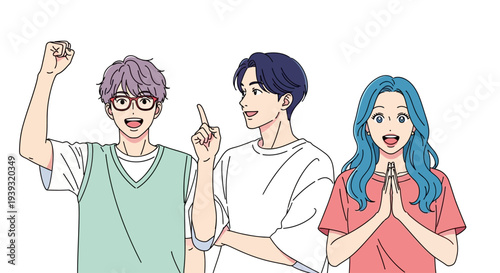 Three friends celebrate with gestures in an illustration