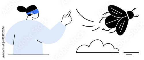 Virtual reality technology. Virtual reality headset user interacting with a digital insect in a conceptual illustration. Virtual reality in gaming, training, education, entertainment, and innovation