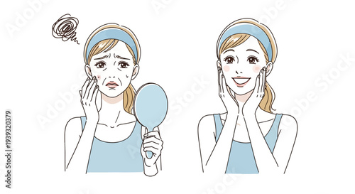 Woman compares her skin in a mirror and feels relieved