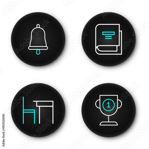 Set line Award cup, School table and chair, Book and Ringing bell icon. Vector