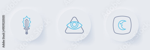 Set line Moon and stars, All-seeing eye of God and Magic sword fire icon. Vector