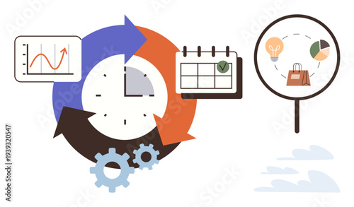 Business strategy, planning, productivity improvement, data analysis, workflow optimization, task scheduling. Clock with arrows, calendar charts gears. Business strategy and planning concept