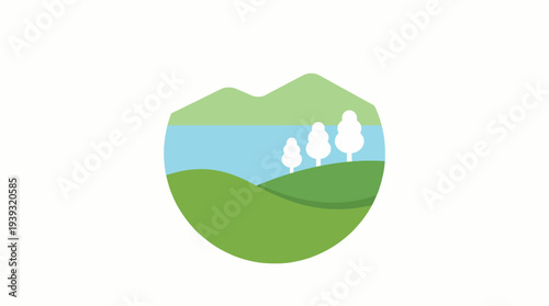 This image features a tranquil landscape showcasing rolling green hills, a calm lake, and three white trees against a blue sky, representing peace and nature's beauty.