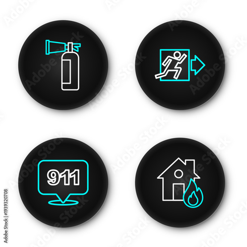 Set line Fire in burning house, Emergency call 911, exit and extinguisher icon. Vector