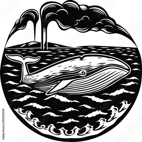 Black and white vector illustration of a whale in polluted ocean