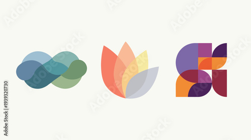 Three distinct abstract designs featuring overlapping shapes and vibrant colors, showcasing contemporary styling and artistic expression in minimalist forms.